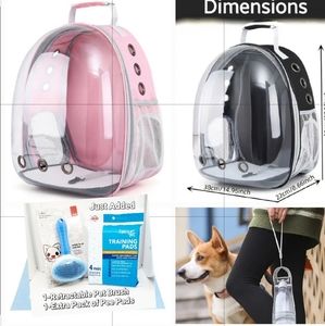 Pet Backpack Clear Dome Carrier in Pink w Retract Brush, Water Bottle & P Pads